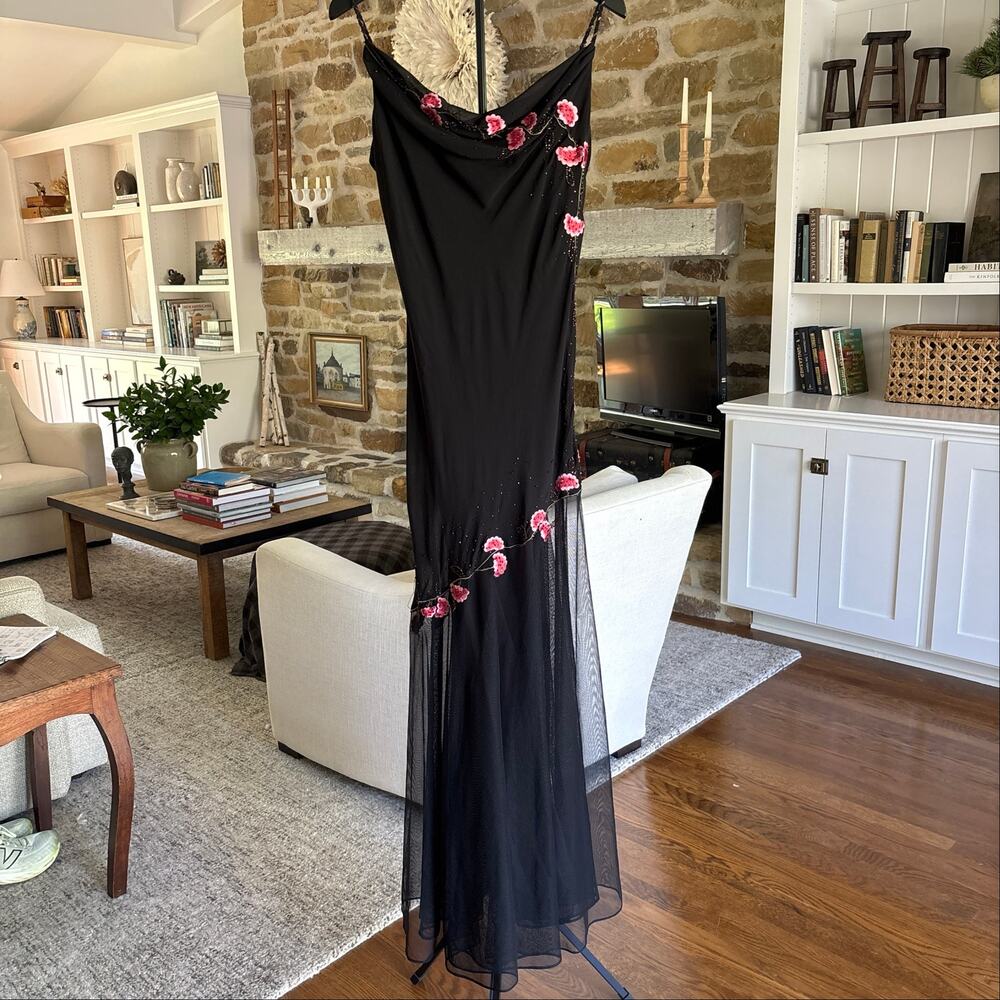 🌸 Dress Barn Embroidered Beaded Cherry Blossom Maxi Dress | Size S | Black - Picture 2 of 11